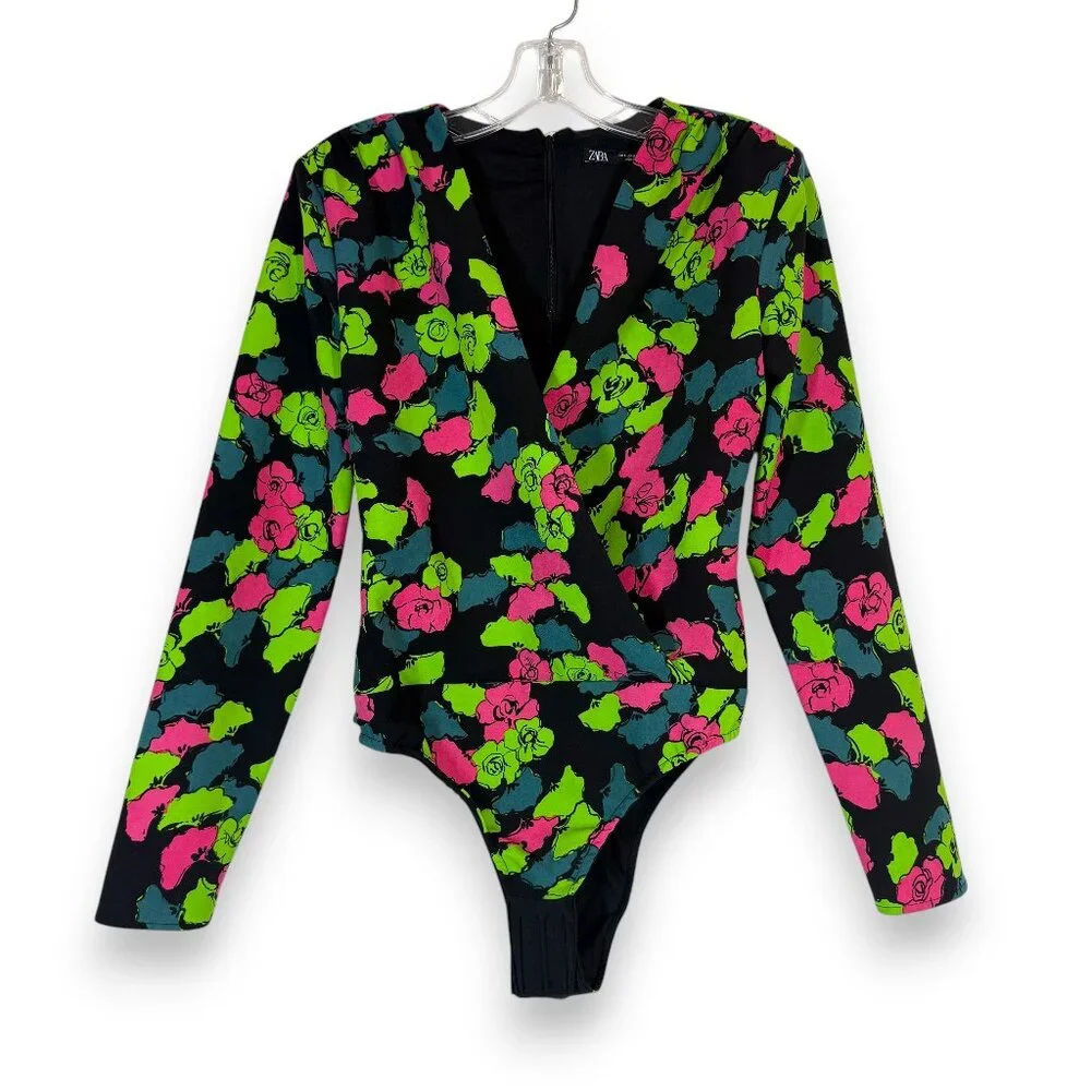 ZARA Floral Bodysuit Top Long Sleeve Wrap V Neck Black Pink Green Neon Small